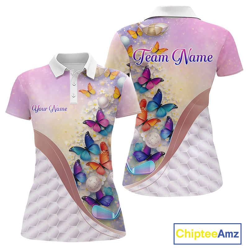 Colorful Butterfly Womens Golf Polo Shirt Custom Name Floral White Golf Ball Clothes Jerseys NYN2911