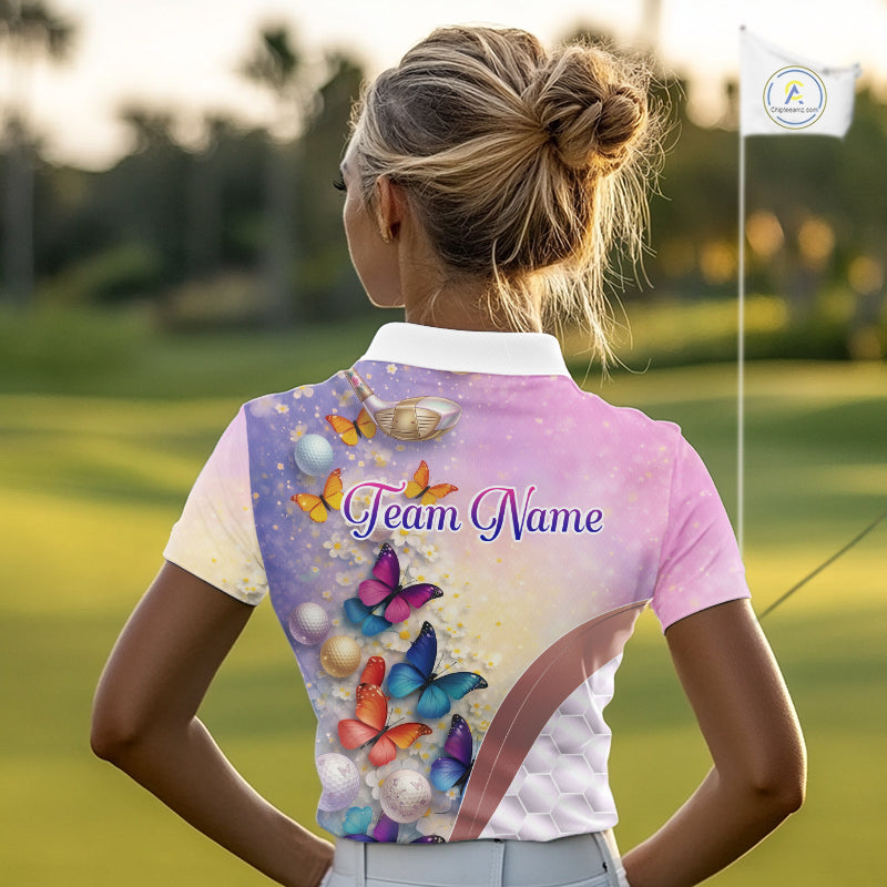 Colorful Butterfly Womens Golf Polo Shirt Custom Name Floral White Golf Ball Clothes Jerseys NYN2911