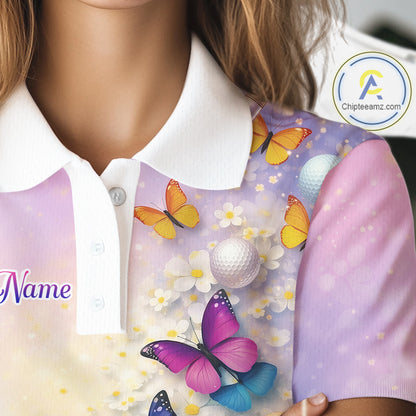 Colorful Butterfly Womens Golf Polo Shirt Custom Name Floral White Golf Ball Clothes Jerseys NYN2911