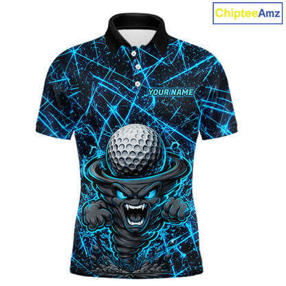 Men's funny tornado golf polo shirt, lightning strike golf apparel, blue UPF golf shirt, custom golf team polo, performance golf clothing