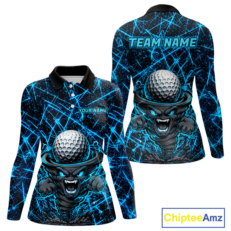 Women's funny tornado golf long sleeves polo shirt, lightning strike golf apparel, blue UPF golf shirt, custom golf team polo, performance golf clothing