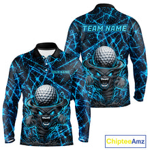 Load image into Gallery viewer, Men's funny tornado golf long sleeves polo shirt, lightning strike golf apparel, blue UPF golf shirt, custom golf team polo, performance golf clothing