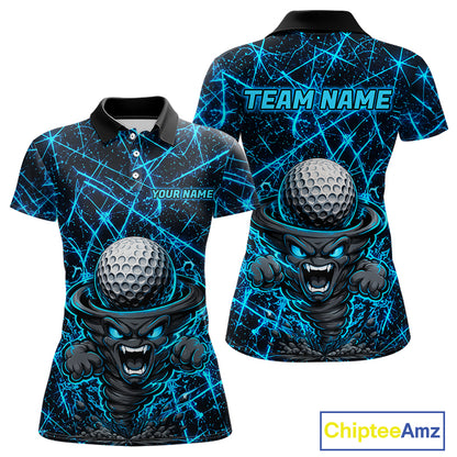 Women's funny tornado golf short sleeves polo shirt, lightning strike golf apparel, blue UPF golf shirt, custom golf team polo, performance golf clothing