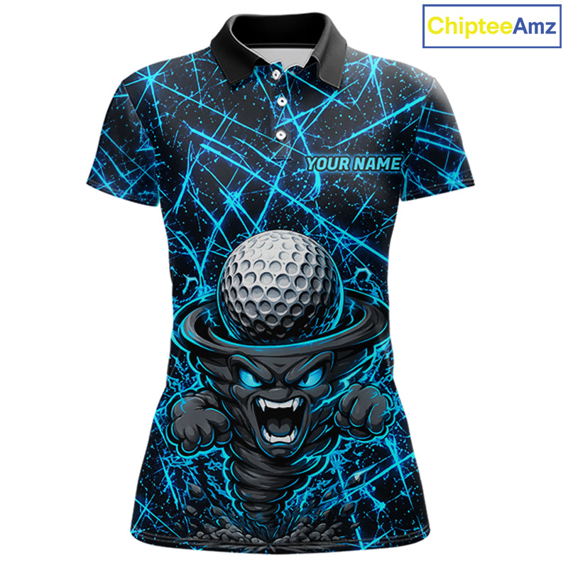 Women's funny tornado golf short sleeves polo shirt, lightning strike golf apparel, blue UPF golf shirt, custom golf team polo, performance golf clothing