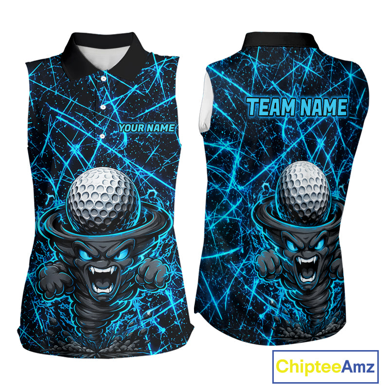Women's funny tornado golf sleeveless polo shirt, lightning strike golf apparel, blue UPF golf shirt, custom golf team polo, performance golf clothing
