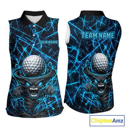 Women's funny tornado golf sleeveless polo shirt, lightning strike golf apparel, blue UPF golf shirt, custom golf team polo, performance golf clothing