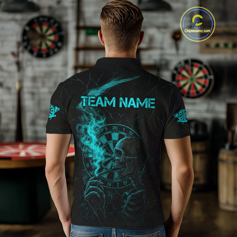 Teal Smoking Skeleton Bone Cracked Dartboard Custom Men Polo Dart Jerseys Dart Gifts NYN2034
