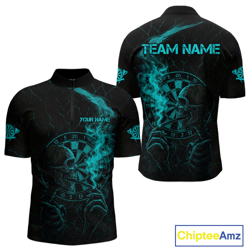 Teal Smoking Skeleton Bone Cracked Dartboard Custom Men Quarter-Zip Dart Jerseys Dart Gifts NYN2034
