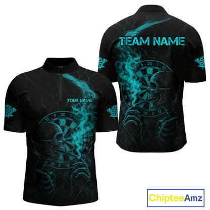 Teal Smoking Skeleton Bone Cracked Dartboard Custom Men Quarter-Zip Dart Jerseys Dart Gifts NYN2034