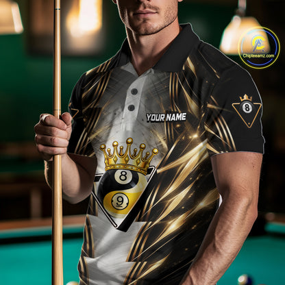 Grey, Black And Gold 8 Ball Crown Billiard Polo & 1/4 Zip Shirt For Men Custom Pool Team Jersey NYN2921