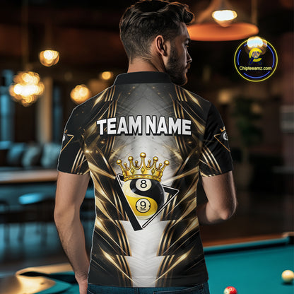 Grey, Black And Gold 8 Ball Crown Billiard Polo & 1/4 Zip Shirt For Men Custom Pool Team Jersey NYN2921