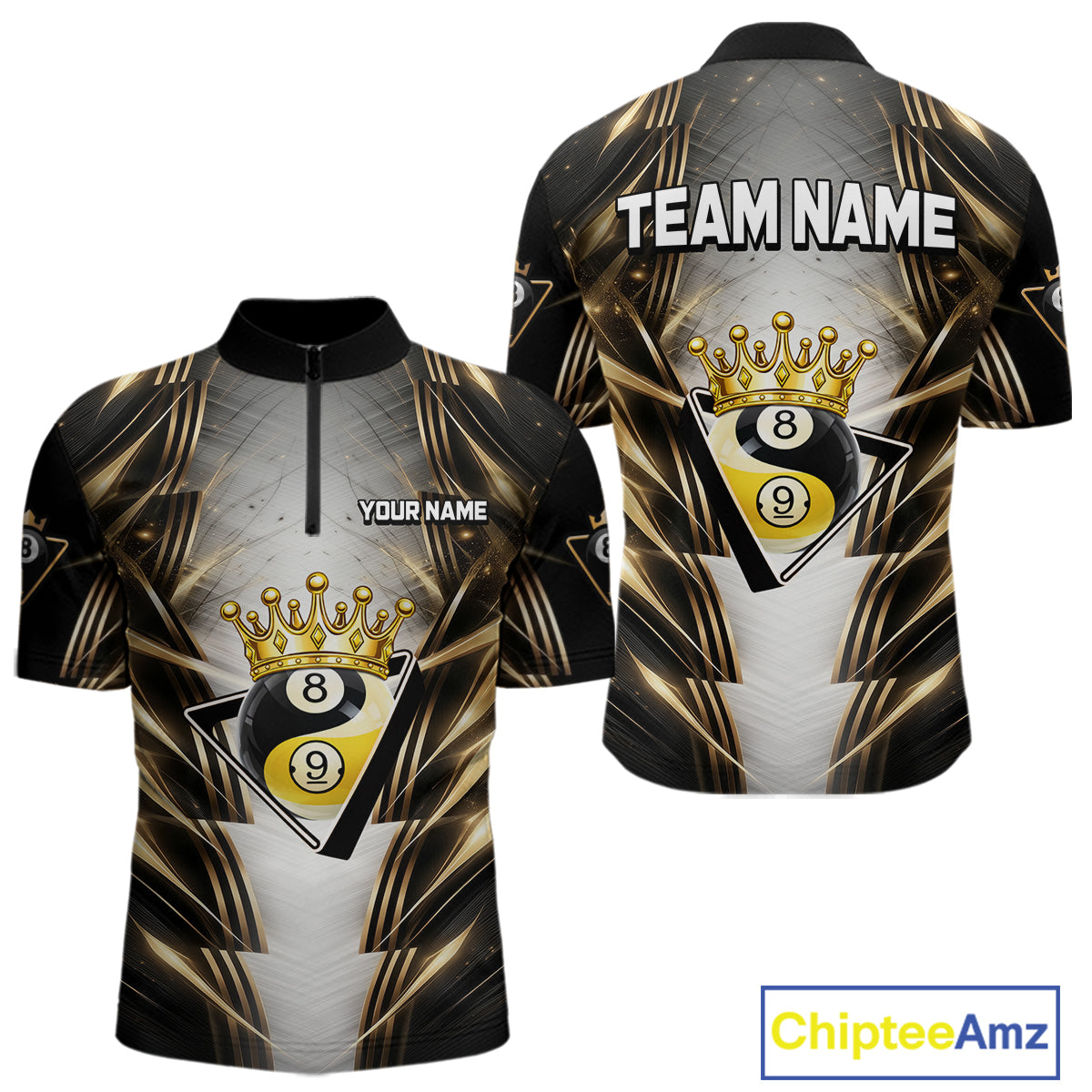 Grey, Black And Gold 8 Ball Crown Billiard Polo & 1/4 Zip Shirt For Men Custom Pool Team Jersey NYN2921