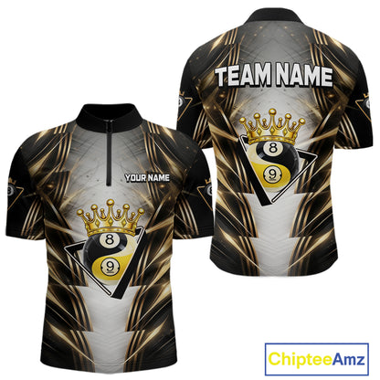 Grey, Black And Gold 8 Ball Crown Billiard Polo & 1/4 Zip Shirt For Men Custom Pool Team Jersey NYN2921