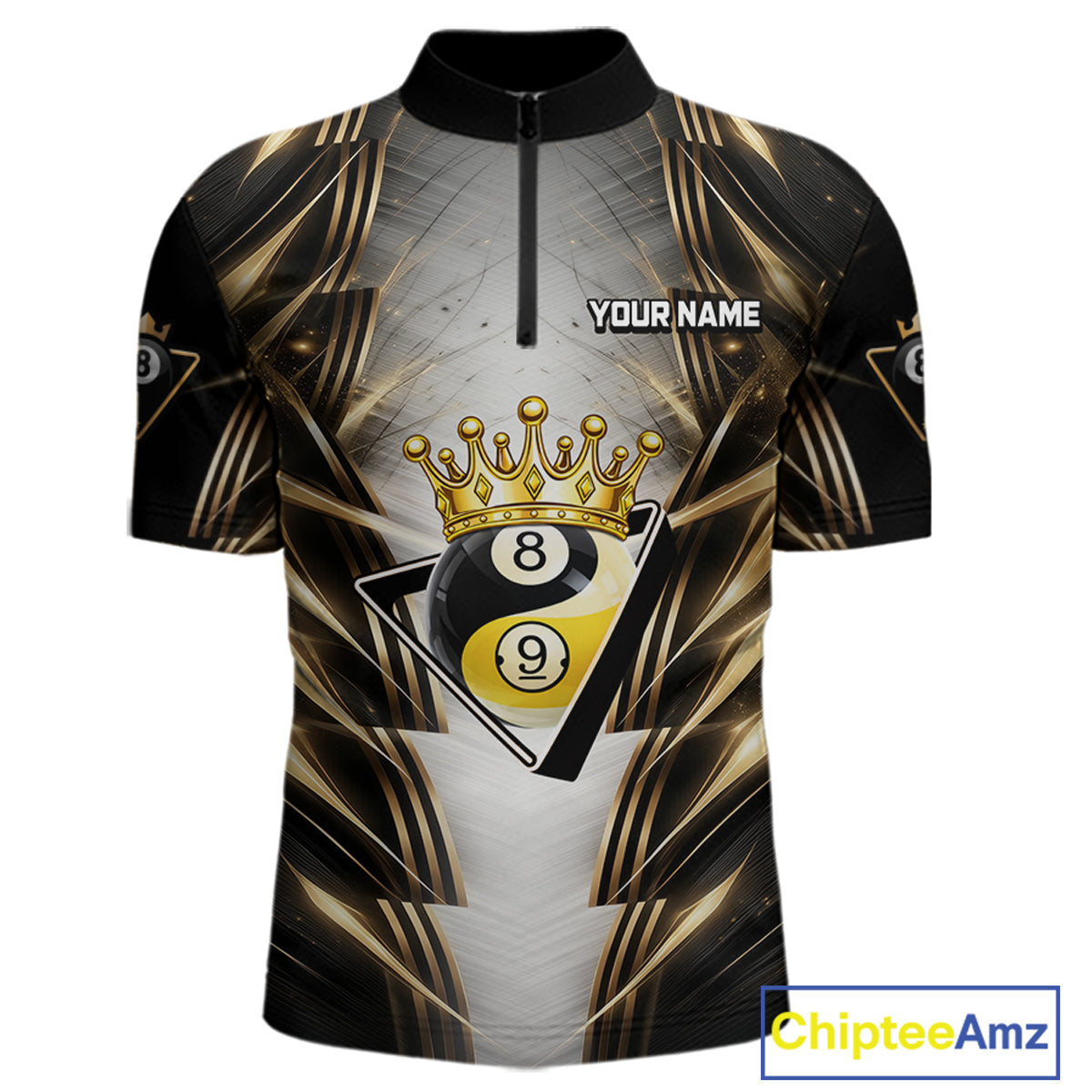 Grey, Black And Gold 8 Ball Crown Billiard Polo & 1/4 Zip Shirt For Men Custom Pool Team Jersey NYN2921