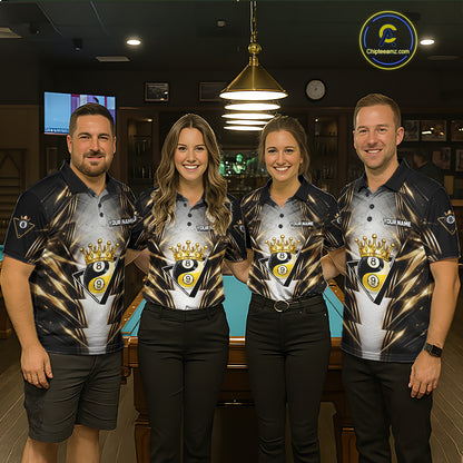 Grey, Black And Gold 8 Ball Crown Billiard Polo & 1/4 Zip Shirt For Men Custom Pool Team Jersey NYN2921