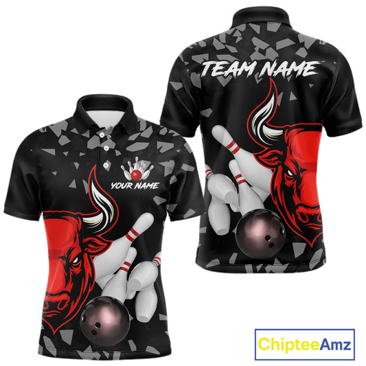 Funny Bull Grunge Red Bowling Polo & 1/4 Zip Shirts For Men Custom Outftis Team Bowling Jerseys NYN3129