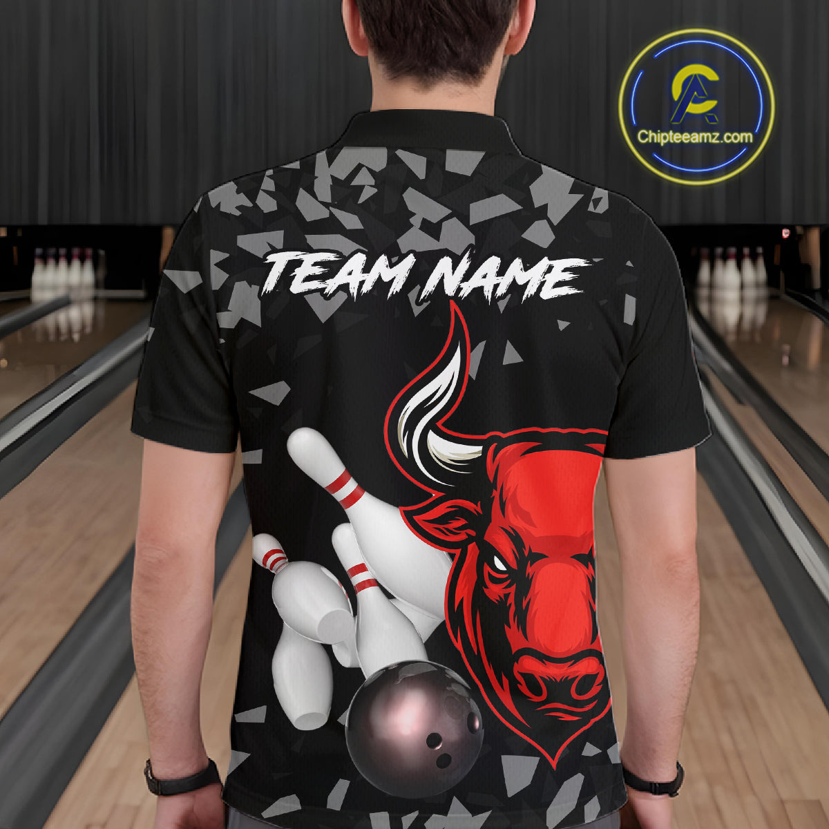 Funny Bull Grunge Red Bowling Polo & 1/4 Zip Shirts For Men Custom Outftis Team Bowling Jerseys NYN3129