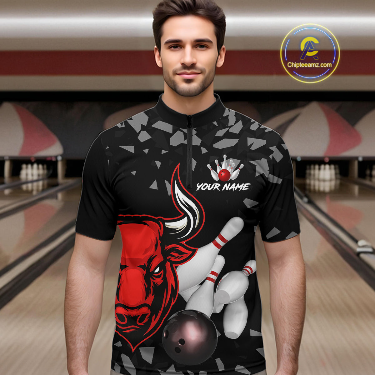 Funny Bull Grunge Red Bowling Polo & 1/4 Zip Shirts For Men Custom Outftis Team Bowling Jerseys NYN3129