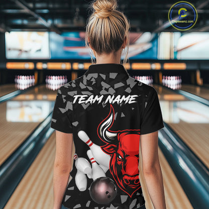 Funny Bull Grunge Red Bowling Polo & 1/4 Zip Shirts For Women Custom Outftis Team Bowling Jerseys NYN3129