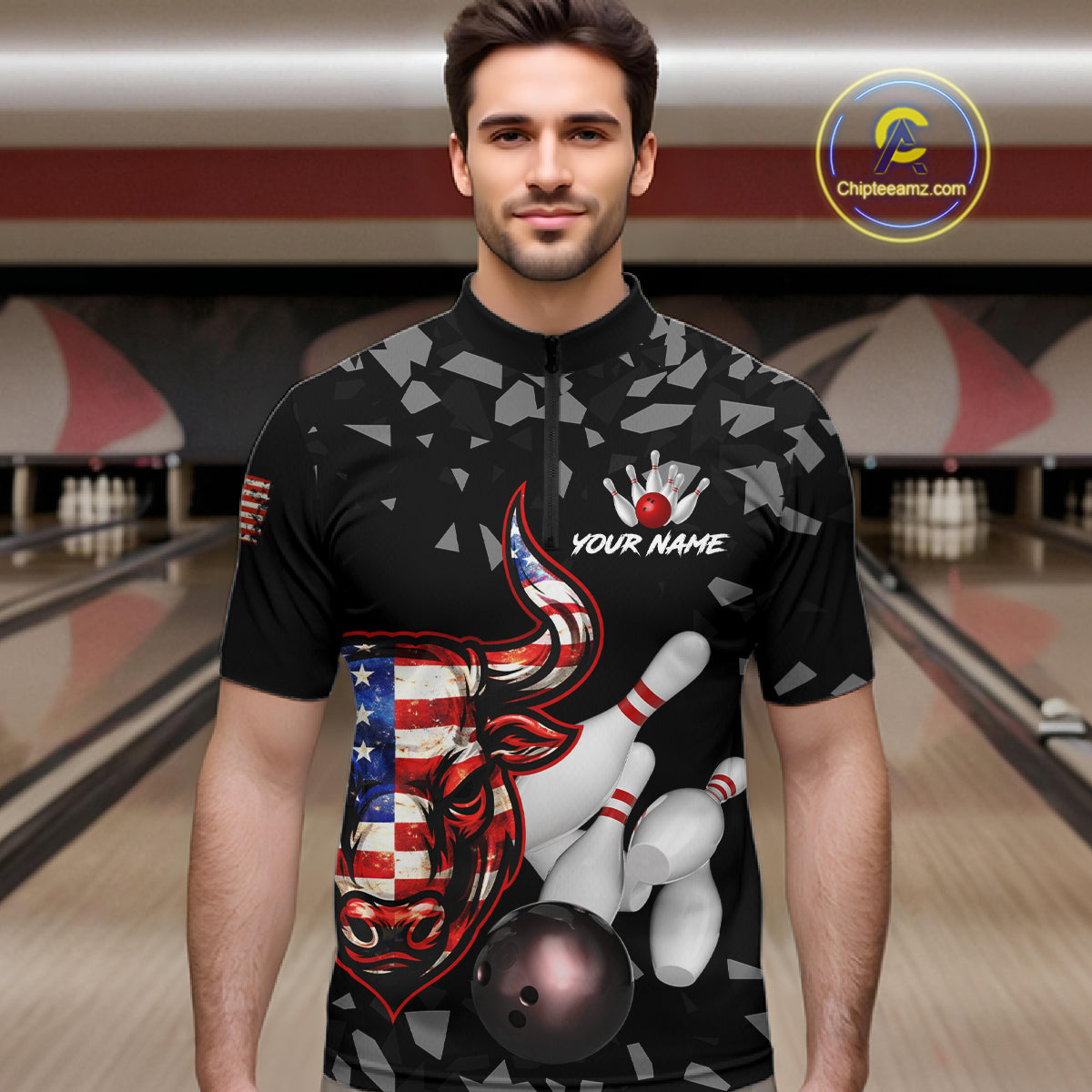 Funny US Flag Bull Grunge Bowling Polo & 1/4 Zip Shirts For Men Custom Team Bowling Jerseys NYN3130