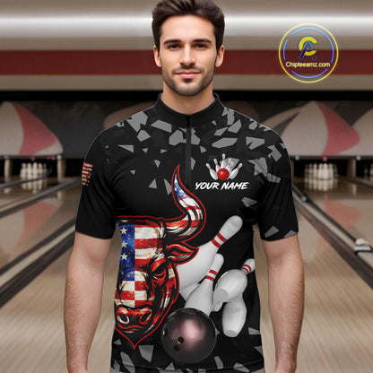 Funny US Flag Bull Grunge Bowling Polo & 1/4 Zip Shirts For Men Custom Team Bowling Jerseys NYN3130