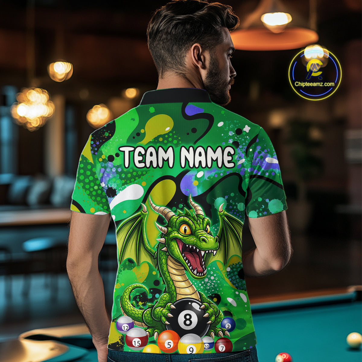 Green Splatter Funny Dragon 8 Ball Pool Billiard Shirts For Men Custom Cute Billiard Team Outfits NYN3301