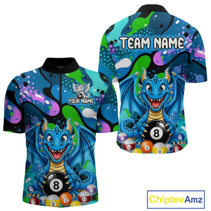 Blue splatter funny dragon 8 ball billiard 1/4-zip shirt for men custom team apparel