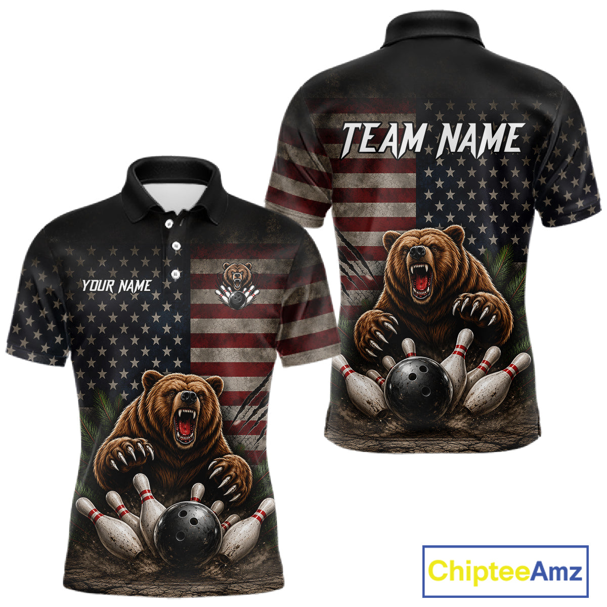 Funny retro bear men's bowling polo shirt, American flag bowling jersey, patriotic bowling team uniform, custom bowling apparel, personalized bowling league shirt