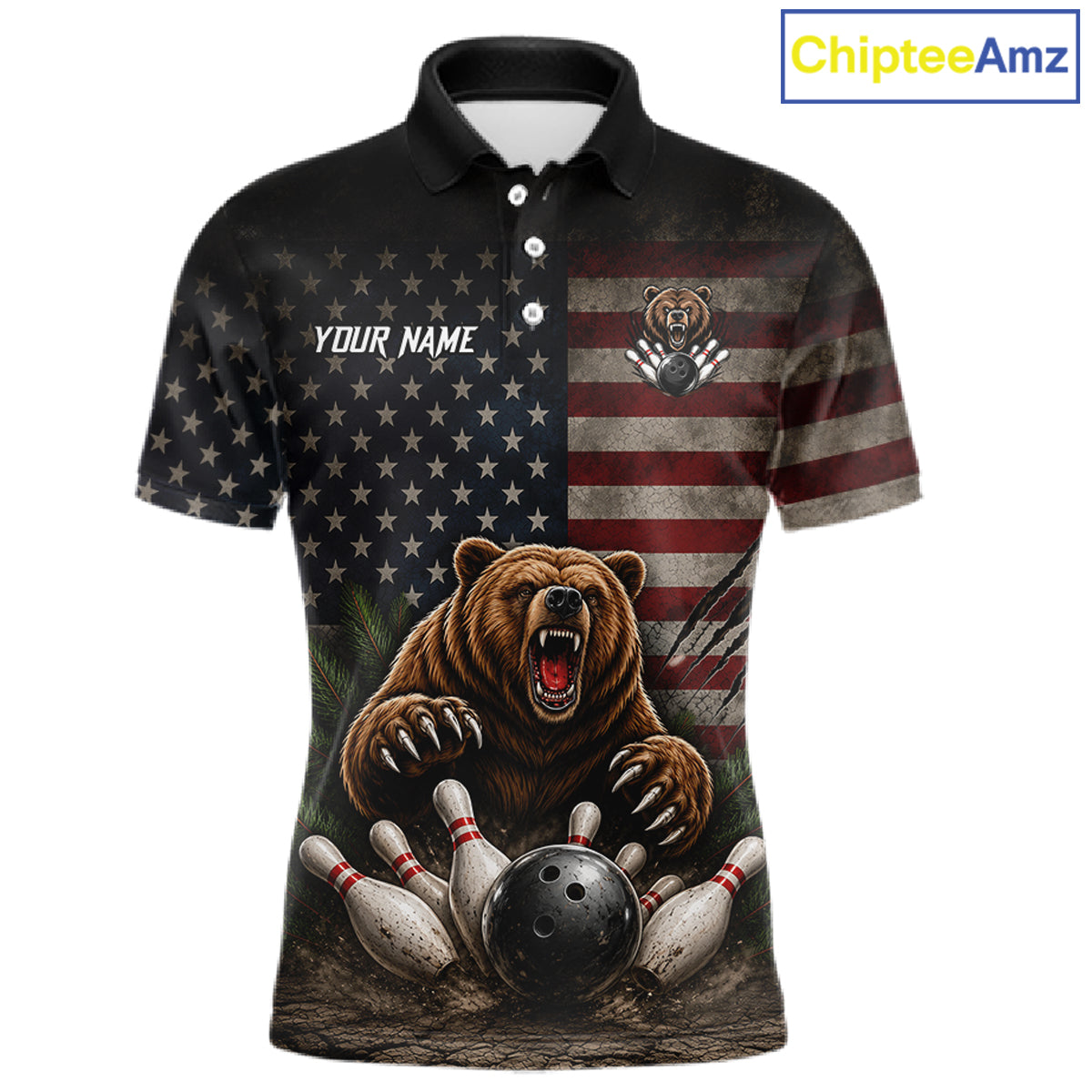 Funny retro bear men's bowling polo shirt, American flag bowling jersey, patriotic bowling team uniform, custom bowling apparel, personalized bowling league shirt