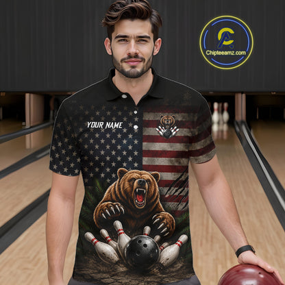 Male bowler wearing funny retro bear American flag bowling jersey, patriotic bowling shirt, custom bowling league apparel
