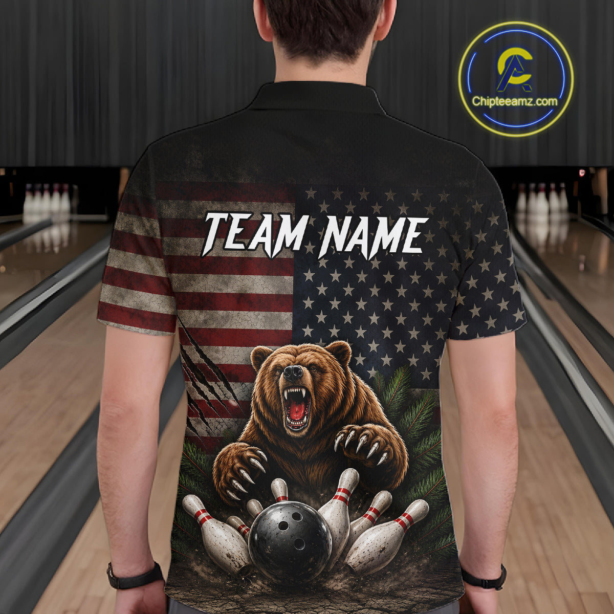 Male bowler wearing funny retro bear American flag bowling jersey, patriotic bowling shirt, custom bowling league apparel