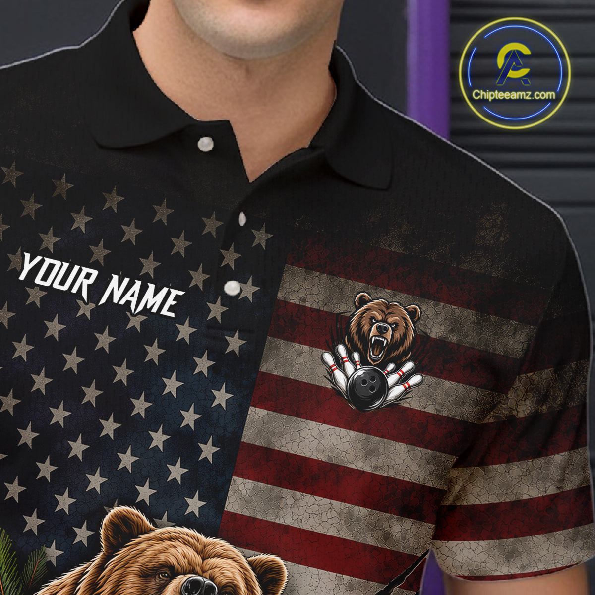 Male bowler wearing funny retro bear American flag bowling jersey, patriotic bowling shirt, custom bowling league apparel
