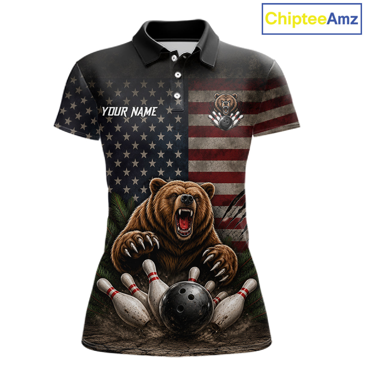Funny retro bear women's bowling polo shirt, American flag bowling jersey, patriotic bowling team uniform, custom bowling apparel, personalized bowling league shirt