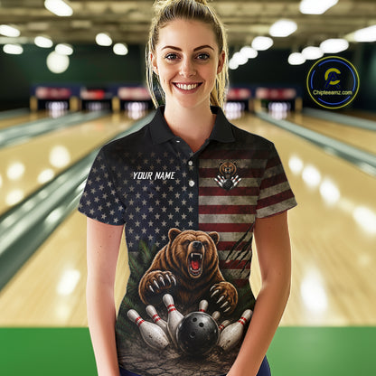 Female bowler wearing funny retro bear American flag bowling jersey, patriotic bowling shirt, custom bowling league apparel