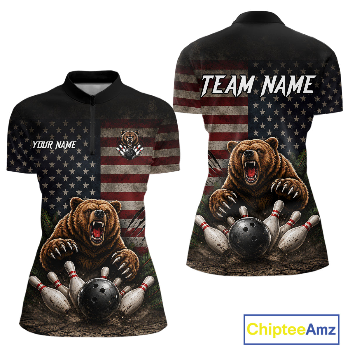 Funny retro bear women's bowling quarter-zip shirt, patriotic bowling jersey, American flag bowling team uniform, custom bowling apparel