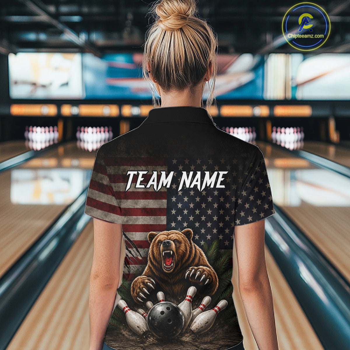 Female bowler wearing funny retro bear American flag bowling jersey, patriotic bowling shirt, custom bowling league apparel