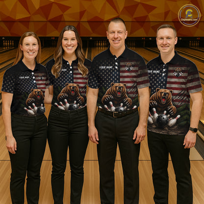 Men women bowling team wearing matching funny retro bear patriotic bowling jerseys, custom bowling team uniforms, league bowling apparel