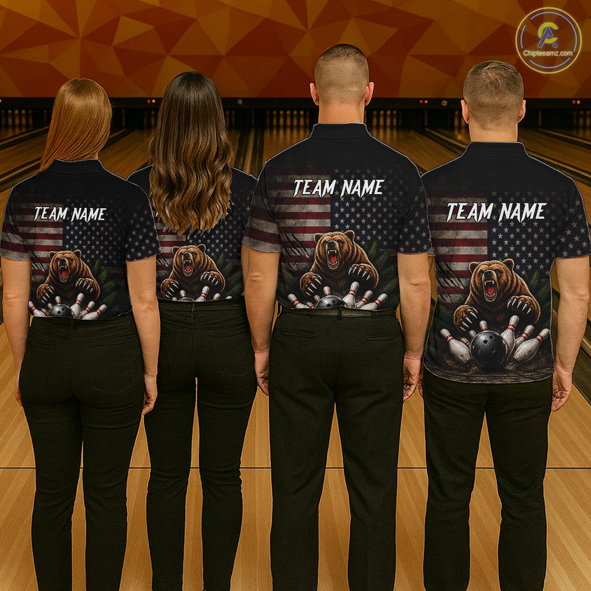 Men women bowling team wearing matching funny retro bear patriotic bowling jerseys, custom bowling team uniforms, league bowling apparel