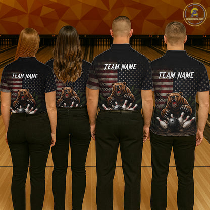 Men women bowling team wearing matching funny retro bear patriotic bowling jerseys, custom bowling team uniforms, league bowling apparel