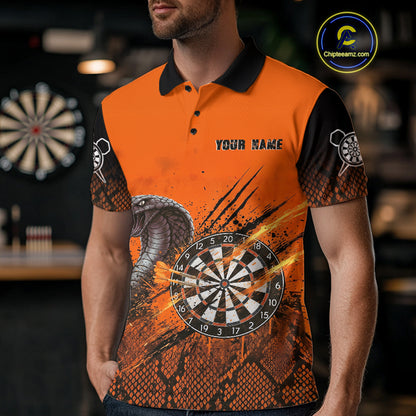 Black & Orange Leather Cobra Darts Custom Men Dart Polo Jersey Splatter Dart League Shirt NYN2046