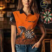 Load image into Gallery viewer, Black &amp; Orange Leather Cobra Darts Custom Women Dart Polo Jersey Splatter Dart League Shirt NYN2046