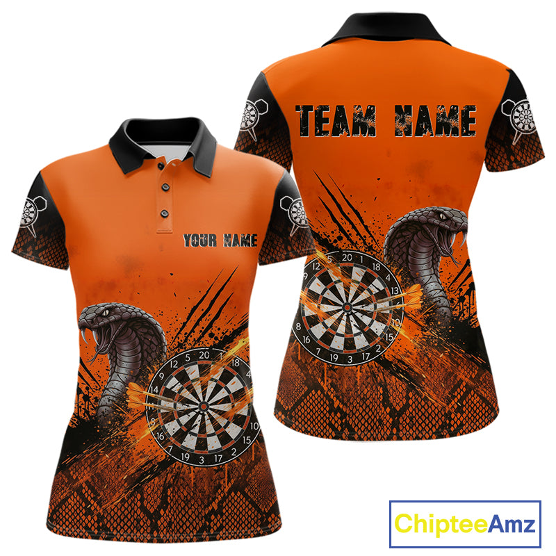 Black & Orange Leather Cobra Darts Custom Women Dart Polo Jersey Splatter Dart League Shirt NYN2046