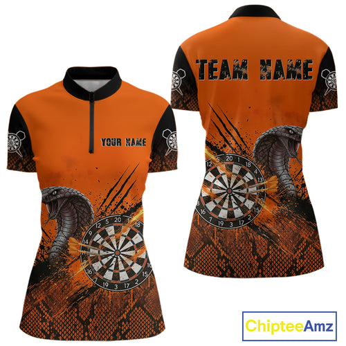 Black & Orange Leather Cobra Darts Custom Women Dart 1/4-Zip Jersey Splatter Dart League Shirt NYN2046