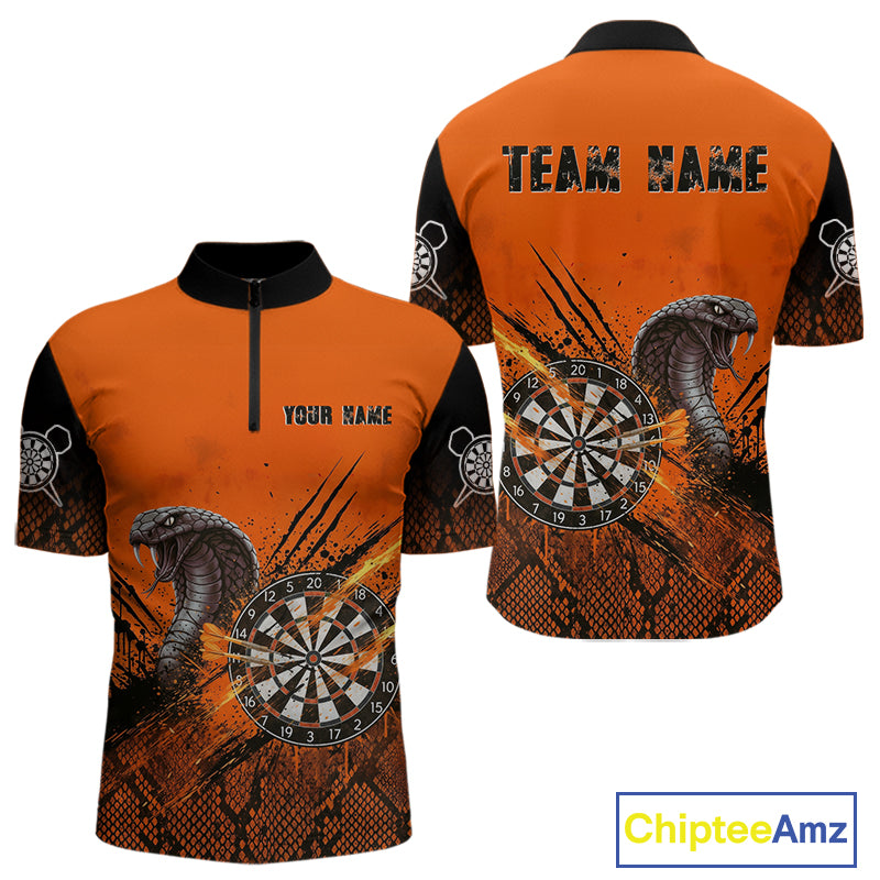 Black & Orange Leather Cobra Darts Custom Men Dart 1/4-Zip Jersey Splatter Dart League Shirt NYN2046