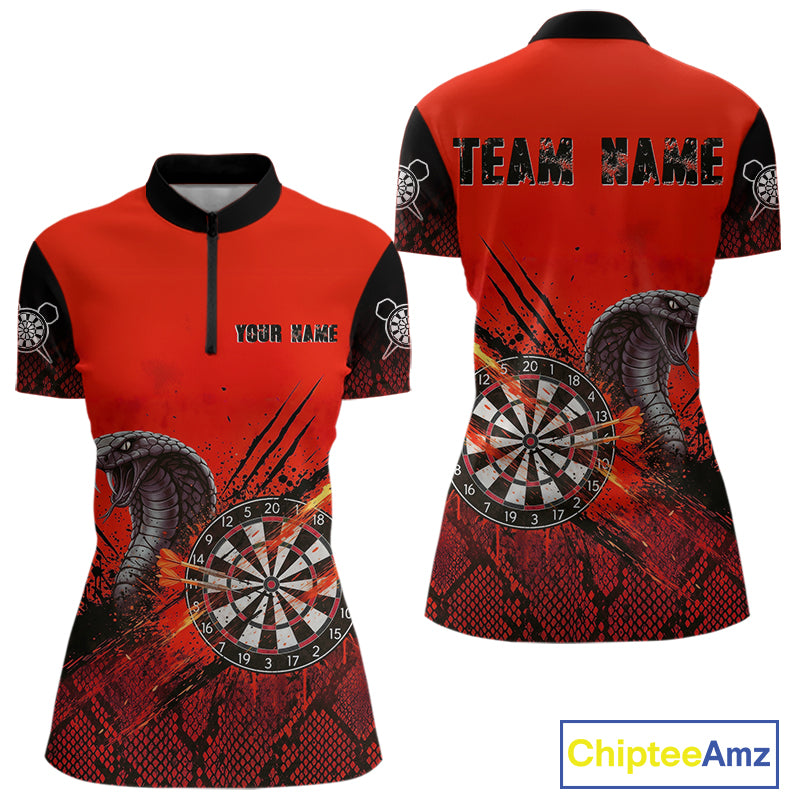 Black & Red Leather Cobra Darts Custom Women Dart 1/4-Zip Jersey Splatter Dart League Shirt NYN2047