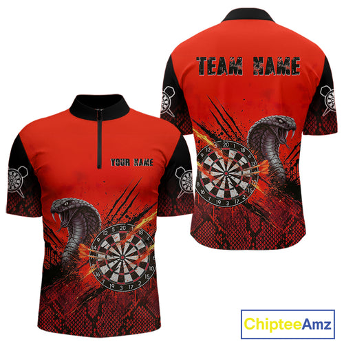 Black & Red Leather Cobra Darts Custom Men Dart 1/4-Zip Jersey Splatter Dart League Shirt NYN2047
