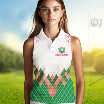 Women Golf Clothing Green And Pink Argyle Pattern Sleeveless Golf Polo Shirt Custom Golf Upf Shirts NYN2930