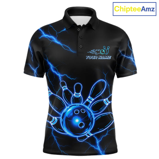 Blue Lightning Thunder Neon Bowling Polo Shirt For Men Custom Bowling Team Jersey Personalized League Bowler Apparel