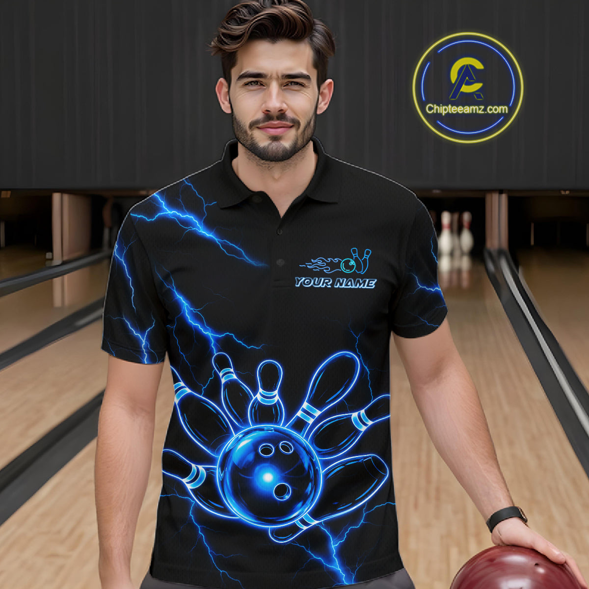 Male bowler wearing Blue Lightning Thunder Neon bowling jersey custom bowling tournament apparel