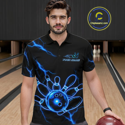 Male bowler wearing Blue Lightning Thunder Neon bowling jersey custom bowling tournament apparel